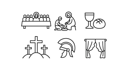 Christian symbols - last supper, foot washing, communion, crucifix, roman soldier, temple curtain