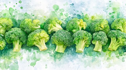Fresh broccoli florets arranged in a painted watercolor design.