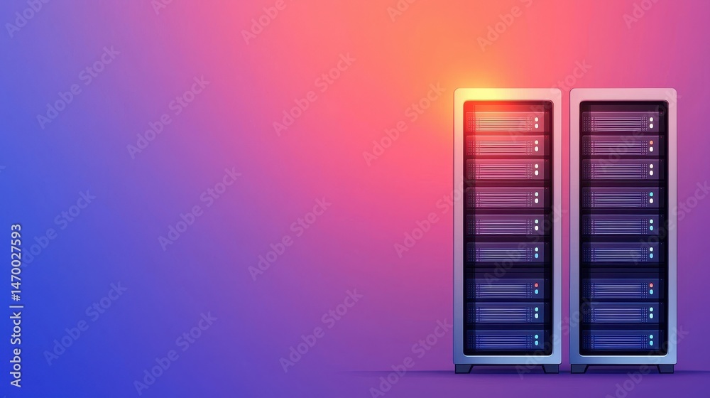 Aufkleber Two data server racks stand against a vibrant gradient background, symbolizing modern technology and digital infrastructure.