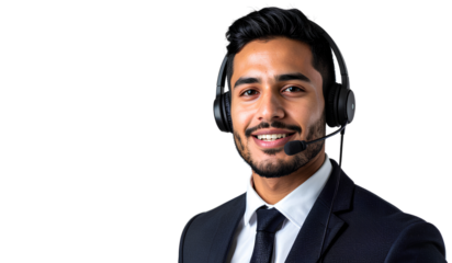 Businessman with Headset Communicating On Camera, Transparent Background