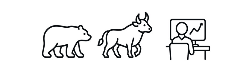 Obraz premium Bear and bull market icons with analyst at computer