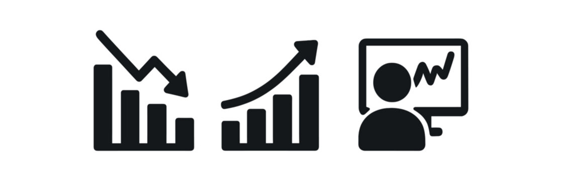 Business growth and decline: graphs with analyst icon in black and white