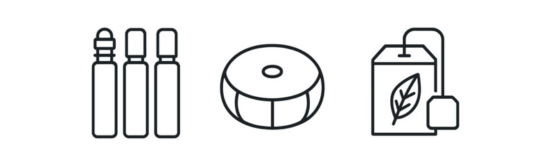 Outline icons of perfume bottles, circular box, and tea bag with leaf