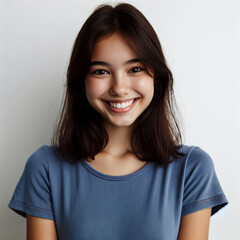 Portrait of a confident and smiling girl in a blue t-shirt