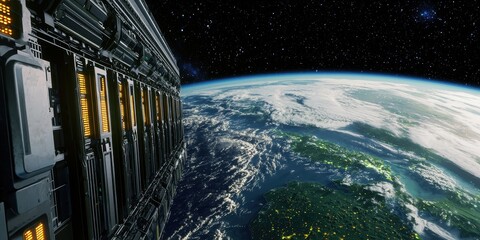 Obraz premium A futuristic space station or spacecraft orbits above Earth, showcasing the planet