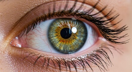 Close-up of a human eye with green and brown iris and long eyelashes.