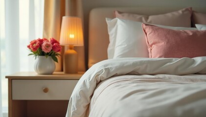 Cozy bedroom scene, fresh flowers on bedside table, soft bedding, Mother's Day theme , mothers day, flowers, soft