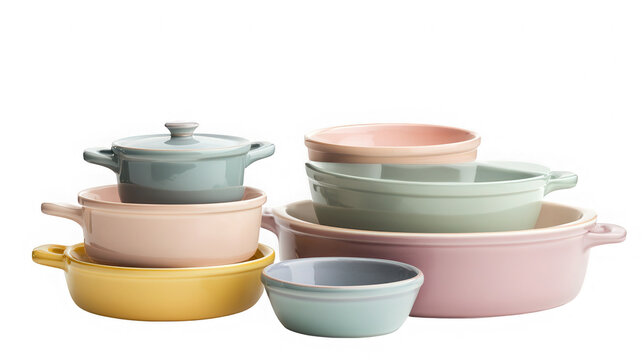 Stack of Pastel Colored Ceramic Bowls and Dishes on Transparent Background