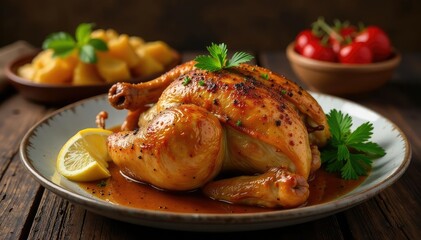 Delicious roast chicken dinner on a rustic table, traditional, carrots