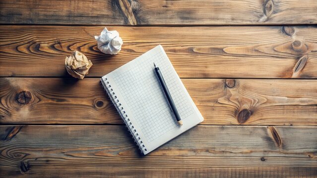 Rustic wooden desk workspace with blank notebook, pencil, and crumpled paper balls, symbolizing creative process and brainstorming - Powered by Adobe