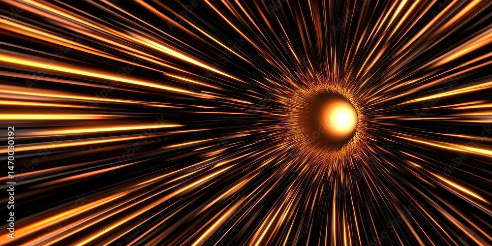 Poster A glowing sphere emits streaks of light, creating a tunnel effect reminiscent of space travel or a wormhole.