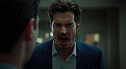 Middle-aged white man in a blue suit aggressively yelling with his mouth wide open at another person indoors