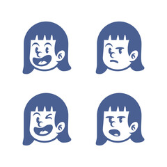 Cartoon vector of girl with straight hair showing four emotions: happy, angry, winking, and serious. Perfect for emoji, avatar icons, children designs, or emotional character illustrations