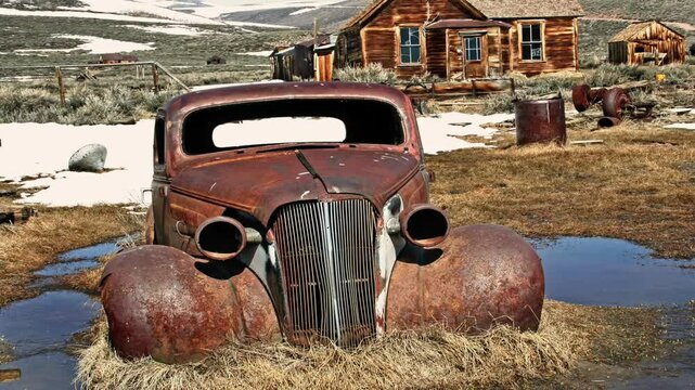 Old rusty abandoned car in the Ghost Town of Bodie, California, USA 