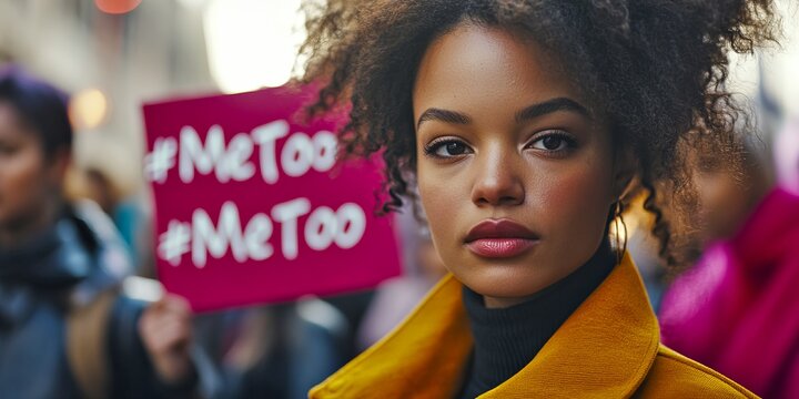 A young woman stands confidently in a crowd holding a sign. The backdrop shows a lively protest scene. This image captures the spirit of social movements and activism. A bold reminder of change. AI