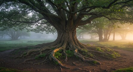 Fototapeta premium Ancient Tree in Misty Forest - Majestic ancient tree with exposed roots in a misty forest at sunrise. Tranquil and serene nature scene