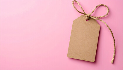 Blank kraft gift tag with jute string on pink background, perfect for personalizing gifts and adding special touch to any occasion
