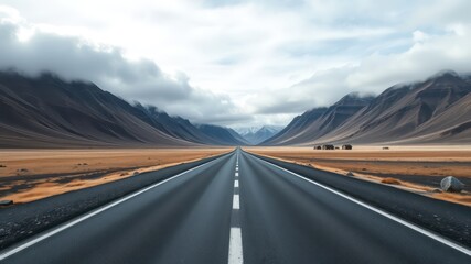 Naklejka premium Asphalt ribbon unwinding through a desolate, mountainous landscape under a dramatic sky