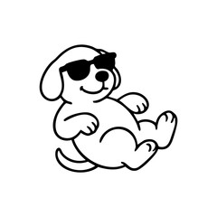 A cool dog laying down with sunglasses, front paws crossed and a relaxed smile, clean black line drawing with minimal details.