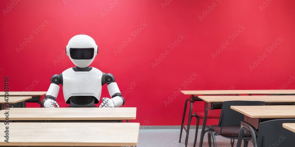 Poster A humanoid robot sits alone at a desk in an empty classroom with a bright red wall.