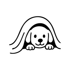 A dog’s happy face peeking out from a soft blanket, only its nose and eyes visible, cozy and cute with thin sketch lines.