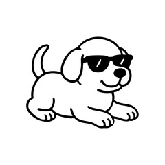 A cool dog laying down with sunglasses, front paws crossed and a relaxed smile, clean black line drawing with minimal details.