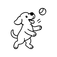 A dog mid-run with wide eyes and open mouth, eagerly chasing a flying ball, captured with energetic thin lines.