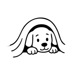 A dog’s happy face peeking out from a soft blanket, only its nose and eyes visible, cozy and cute with thin sketch lines.
