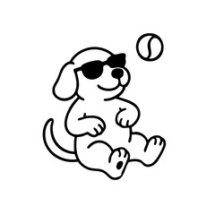 A cool dog laying down with sunglasses, front paws crossed and a relaxed smile, clean black line drawing with minimal details.