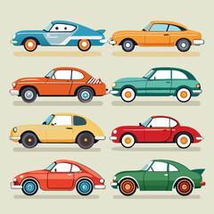 Nine classic Electric Car arranged on a white background.