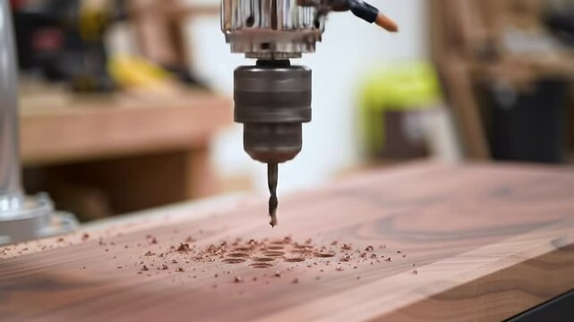 Crafting precise wood designs with a drill in a woodworking workshop