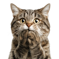 Fototapeta premium A Shocked Tabby Cat with Wide Eyes, A Close-Up Portrait of a Surprised Domestic Cat , isolated on white background png