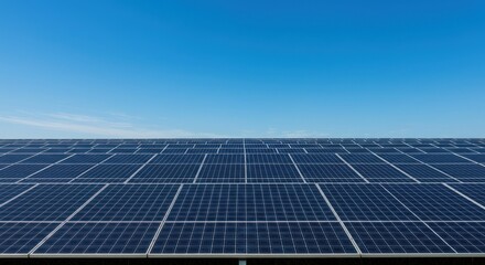 Solar panels stretch across a field under a clear blue sky.