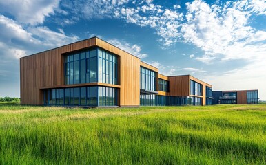 Obraz premium Modern new residential apartment building complex with wooden cladding and blue metal accents, urban architecture of a luxury community on a green grass meadow on a summer day. generative ai
