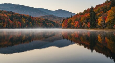 Fototapeta premium Autumn Reflections on a Calm Lake - Serene autumn landscape reflecting vibrant trees in still water. Symbolizing peace, tranquility, nature's beauty, seasonal change, and reflection