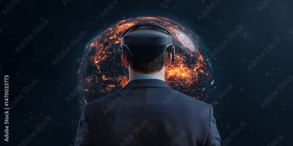 Poster a man in a suit wears a vr headset, facing a glowing digital globe in a dark, futuristic setting.