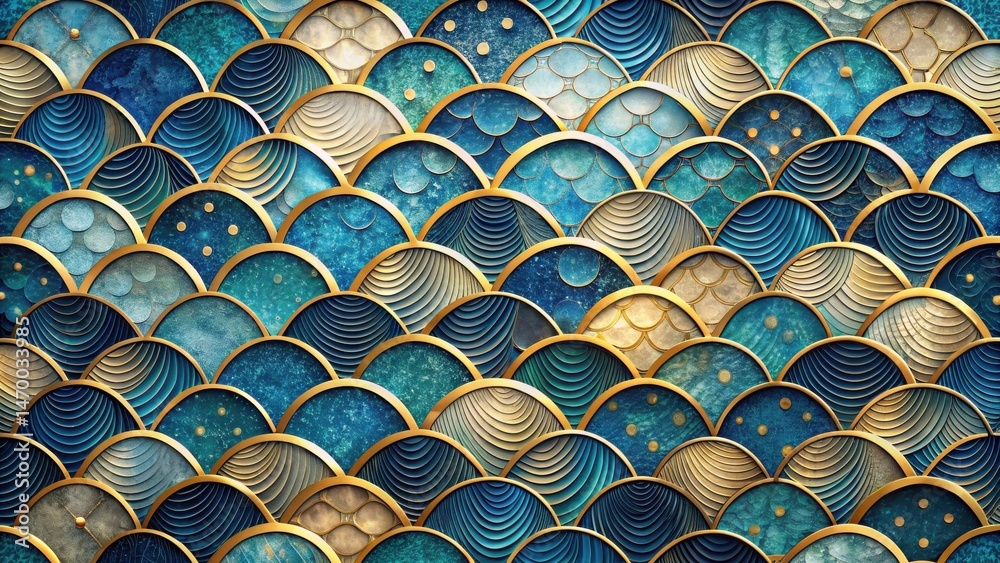 Poster Abstract Scaled Pattern with Gilded Accents A Luxurious Textured Design Featuring Interlocking Circular Elements in Shades of Blue and Gold