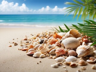 Tropical Seashell Illustration with Palm Leaf Frame