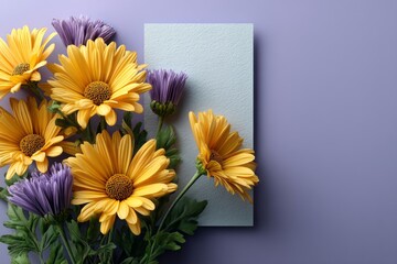 Vibrant Yellow and Purple Flowers with Blank Card on Soft Purple Background