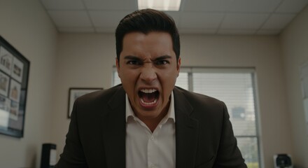 Close-up portrait of a young adult Caucasian male in a suit screaming aggressively in an office setting