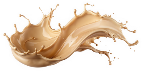 A dynamic splash of creamy liquid, exhibiting rich beige tones, creates an energetic and artistic visual impact. The movement conveys fluidity and creativity.