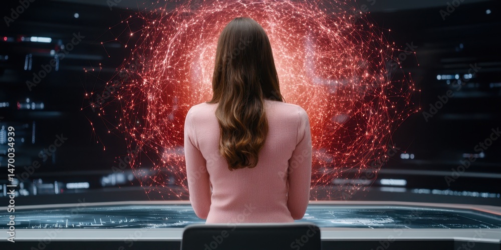 Poster a woman sits at a futuristic console, facing a vibrant digital network sphere, suggesting advanced t