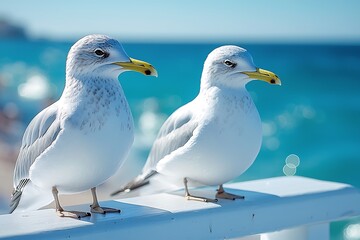 Obraz premium Two white seagulls perched on a bright white railing.