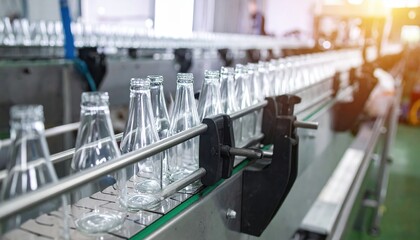 Fototapeta premium A neat row of clear glass bottles stands on a bustling production floor, reflecting bright overhead lights, showcasing their pristine surfaces and varied shapes.