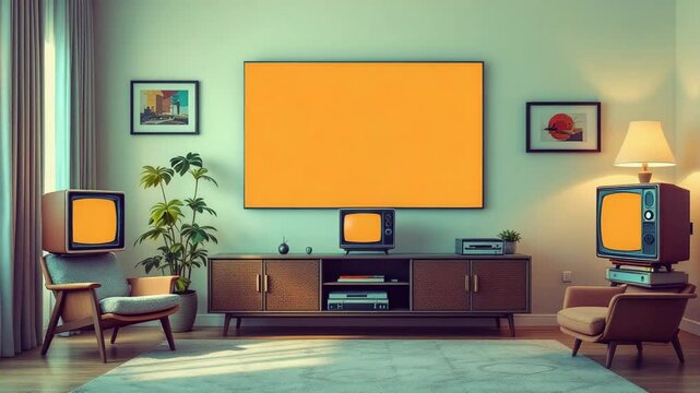 vintage inspired living room with retro televisions and a modern flatscreen display