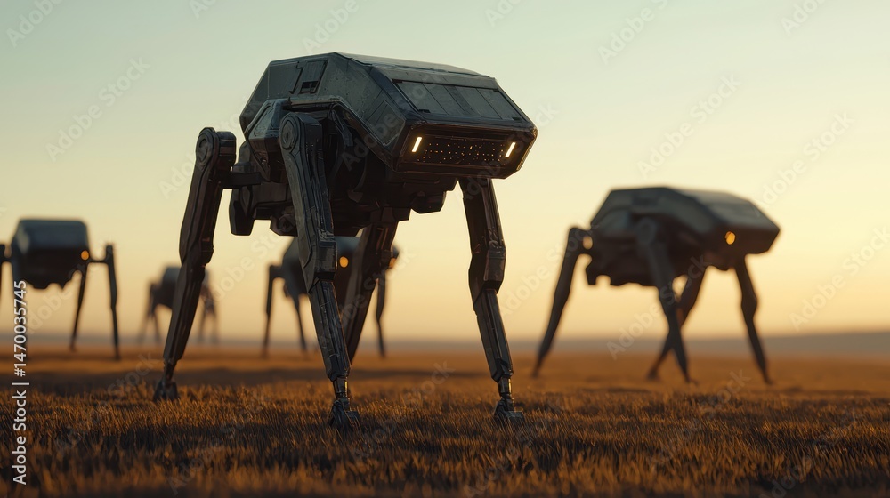 Poster four-legged robotic machines walk across a grassy field at sunset, evoking a futuristic and technolo