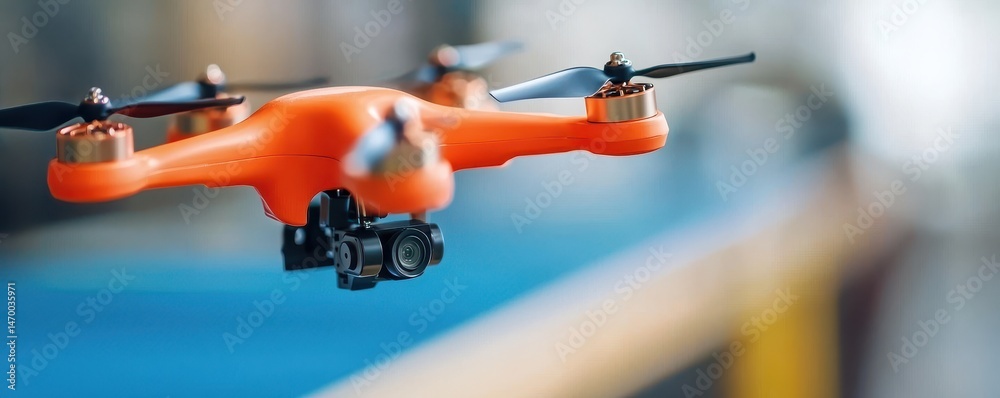 Poster a bright orange quadcopter drone with a camera is flying indoors, captured in sharp focus against a 