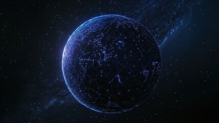 Obraz premium An image of the globe seen from outer space, illuminated by network lines and nodes that depict concepts of data flow, technology, and global communication under a night sky scattered with stars.