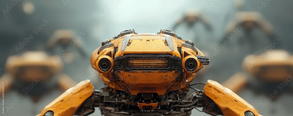 Poster A close-up of a yellow robot with mechanical arms, surrounded by similar robots in a blurred, futuristic setting.