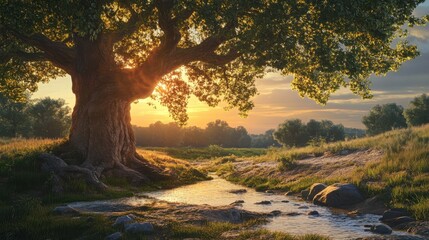 Majestic oak tree by stream at sunset - generative ai